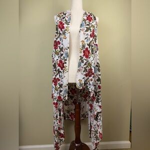 Red floral asymmetrical wrap long waterfall cardigan one size preowned